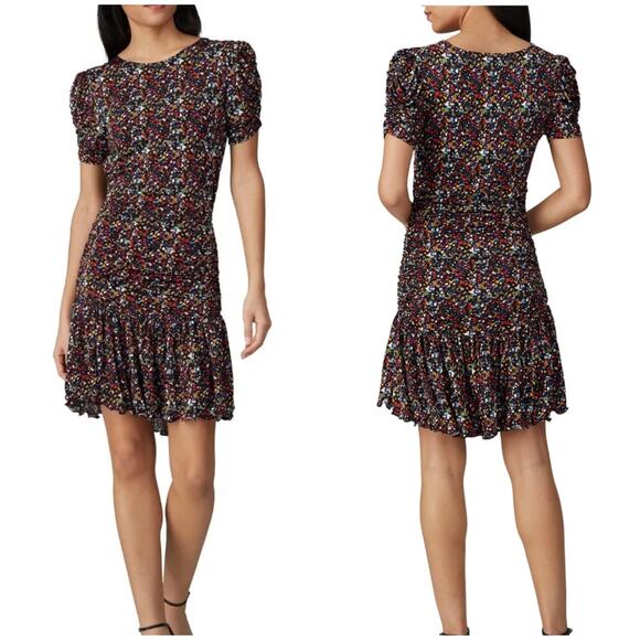 Tanya Taylor Floral Puff Sleeve Mini Dress M Ruffle Hem Drop Waist - Picture 1 of 10